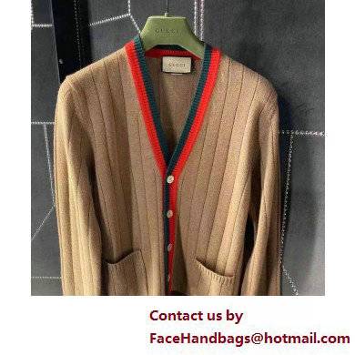 Gucci Rib knit camel cardigan with Web apricot 2022 - Click Image to Close