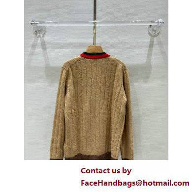 Gucci Rib knit camel cardigan with Web apricot 2022 - Click Image to Close