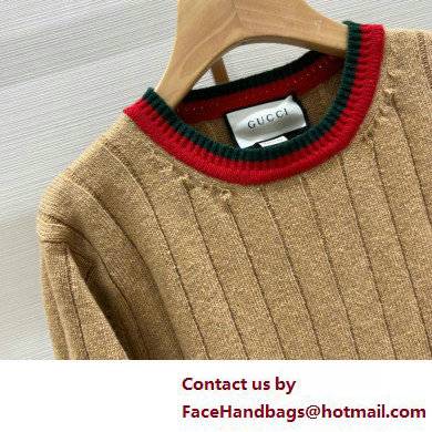 Gucci Rib knit camel sweater with Web apricot 2022