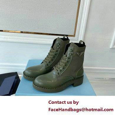 Prada Brushed leather and Re-Nylon lace-up Ankle boots 1T782M Military Green