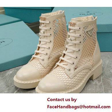 Prada Heel 4.5cm Brushed leather and mesh lace-up Ankle boots Light Beige 2022 - Click Image to Close