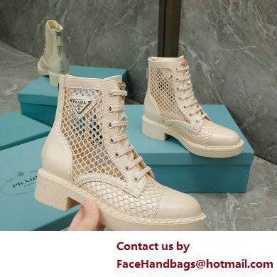 Prada Heel 4.5cm Brushed leather and mesh lace-up Ankle boots Light Beige 2022 - Click Image to Close