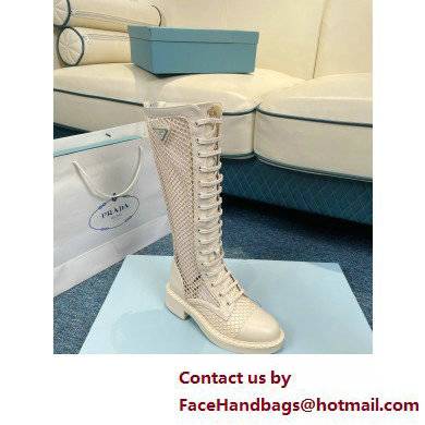 Prada Heel 4.5cm Brushed leather and mesh lace-up High boots Light Beige 2022