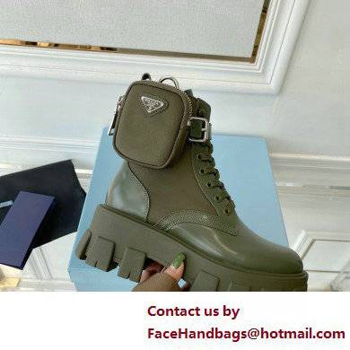 Prada Monolith leather and nylon fabric lace-up Ankle boots with Removable pouch 1T255M Military Green - Click Image to Close