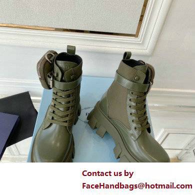 Prada Monolith leather and nylon fabric lace-up Ankle boots with Removable pouch 1T255M Military Green - Click Image to Close