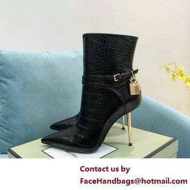 Tom Ford Heel 10.5cm LEATHER PADLOCK ANKLE boots SHINY STAMPED CROCODILE Black 2022 - Click Image to Close