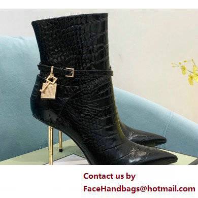 Tom Ford Heel 10.5cm LEATHER PADLOCK ANKLE boots SHINY STAMPED CROCODILE Black 2022