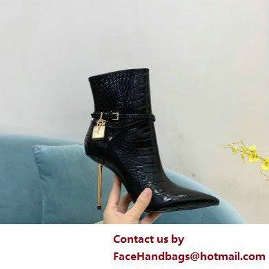 Tom Ford Heel 10.5cm LEATHER PADLOCK ANKLE boots SHINY STAMPED CROCODILE Black 2022