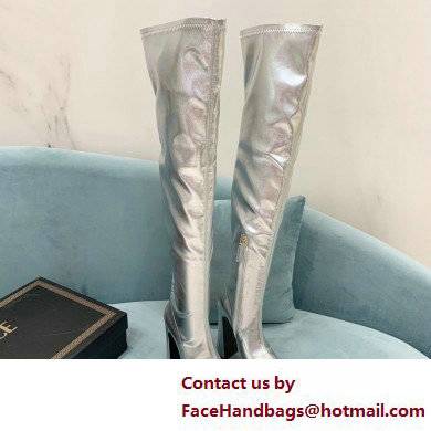 Versace Heel 15cm Platform 5.5cm Leather Knee-high boots Silver 2022 - Click Image to Close