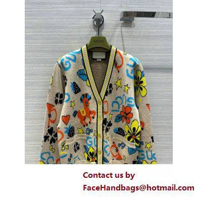 gucci Cotton linen cardigan with flower and pony beige 2022