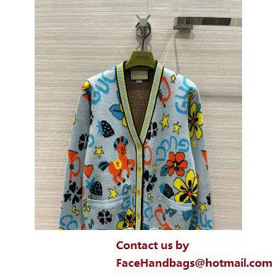 gucci Cotton linen cardigan with flower and pony blue 2022 - Click Image to Close