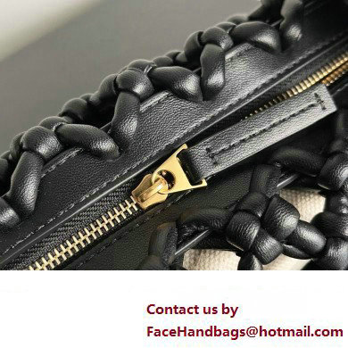 Bottega Veneta Double Knot Top Handle Woven leather with canvas lining Bag Black - Click Image to Close