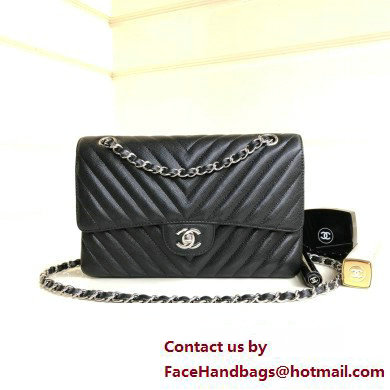 Chanel BLACK Chevron Medium Flap Bag in caviar leather With Silver Hardware