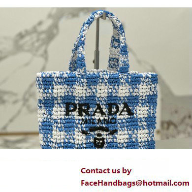 Prada Raffia-effect yarn Small crochet tote bag 1BG422 White/Blue