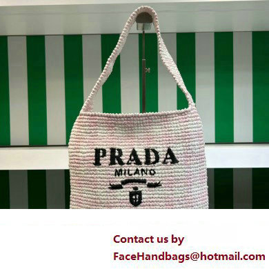Prada Raffia-effect yarn crochet tote bag 1BC182 White/Pink