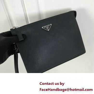 Prada Saffiano Leather Pouch Clutch Bag 2NE009 Enameled metal triangle logo Black/Silver