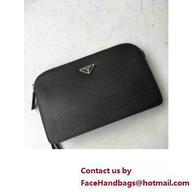 Prada Saffiano Leather Pouch Clutch Bag 2VF056 Enameled metal triangle logo Black/Silver