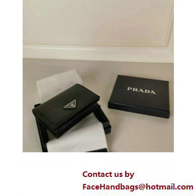 Prada Small Saffiano Leather Wallet 1MV021 Enameled metal triangle logo Black/Silver