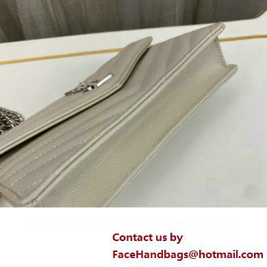 Saint Laurent cassandre matelasse envelope chain wallet in grain de poudre embossed leather 393953/742920/695108 Creamy/Silver