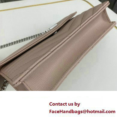 Saint Laurent cassandre matelasse envelope chain wallet in grain de poudre embossed leather 393953/742920/695108 Pink/Silver