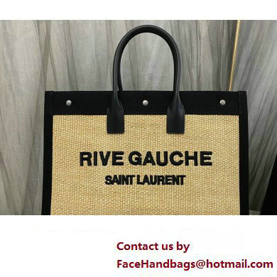 Saint Laurent rive gauche shopping Tote bag in embroidered raffia and vegetable-tanned leather 499290 Black