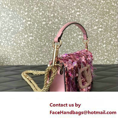 Valentino Loco Small Shoulder Bag in 3D Sequins Embroidery Pink 2023