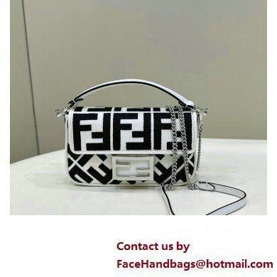 fendi white and black canvas Mini Baguette bag with FF embroidery 2023