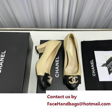 Chanel Heel 6cm Chain Crystal and Pearl CC Logo Pumps Leather Beige 2023