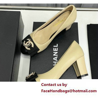 Chanel Heel 6cm Chain Crystal and Pearl CC Logo Pumps Leather Beige 2023