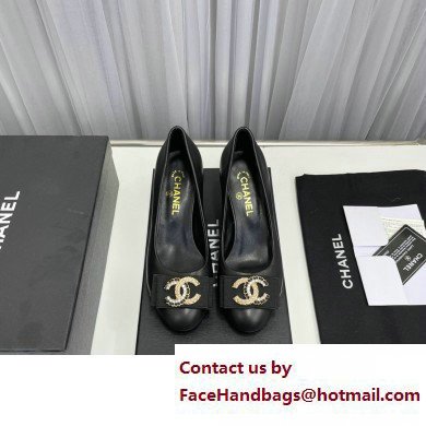 Chanel Heel 6cm Chain Crystal and Pearl CC Logo Pumps Leather Black 2023