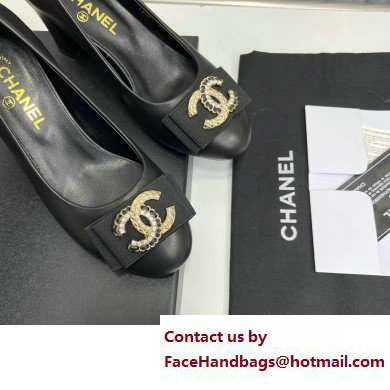 Chanel Heel 6cm Chain Crystal and Pearl CC Logo Pumps Leather Black 2023
