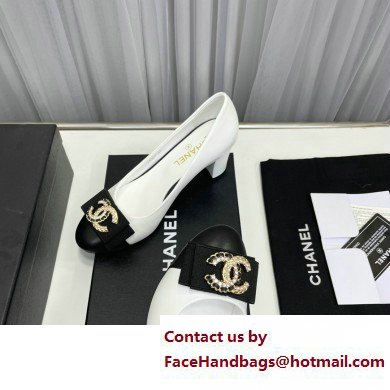 Chanel Heel 6cm Chain Crystal and Pearl CC Logo Pumps Leather White 2023