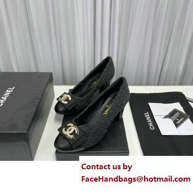 Chanel Heel 6cm Chain Crystal and Pearl CC Logo Pumps Tweed Black 2023