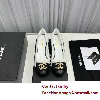 Chanel Heel 6cm Chain Crystal and Pearl CC Logo Pumps Tweed White 2023