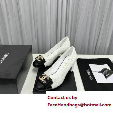 Chanel Heel 6cm Chain Crystal and Pearl CC Logo Pumps Tweed White 2023