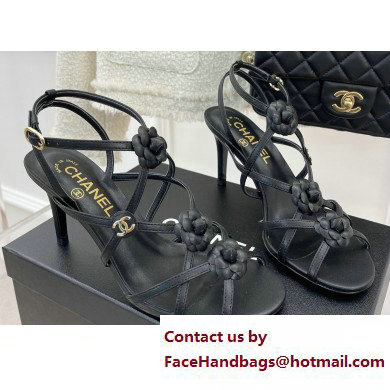 Chanel Heel 7cm CC Logo and Camellia Sandals Black 2023