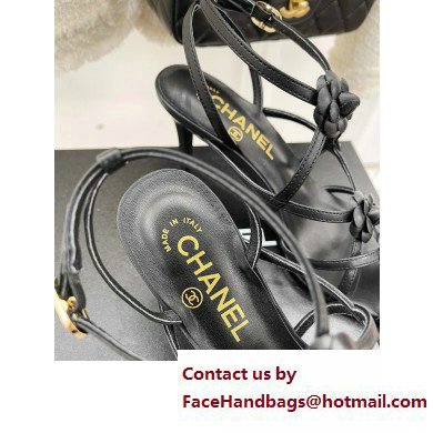 Chanel Heel 7cm CC Logo and Camellia Sandals Black 2023