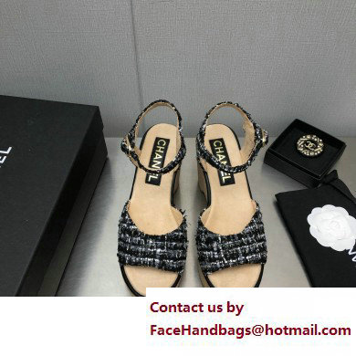 Chanel Heel 8cm Platform Sandal Tweed Black 2023