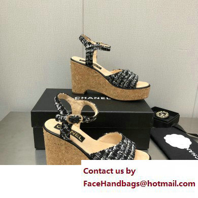 Chanel Heel 8cm Platform Sandal Tweed Black 2023