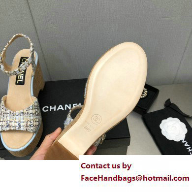 Chanel Heel 8cm Platform Sandal Tweed Blue 2023
