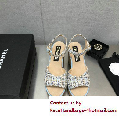 Chanel Heel 8cm Platform Sandal Tweed Blue 2023