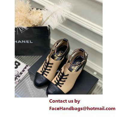 Chanel Heel Leather Lace-up Pumps Beige with Ankle Strap 2023