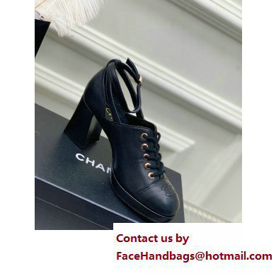 Chanel Heel Leather Lace-up Pumps Black with Ankle Strap 2023