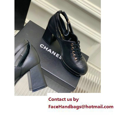 Chanel Heel Leather Lace-up Pumps Black with Ankle Strap 2023