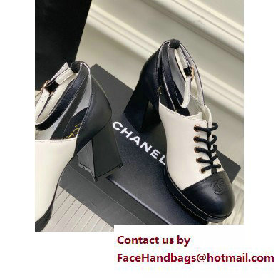 Chanel Heel Leather Lace-up Pumps White with Ankle Strap 2023