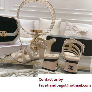 Chanel Heel Patent Leather Strap Sandals Beige 2023