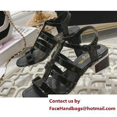 Chanel Heel Patent Leather Strap Sandals Black 2023