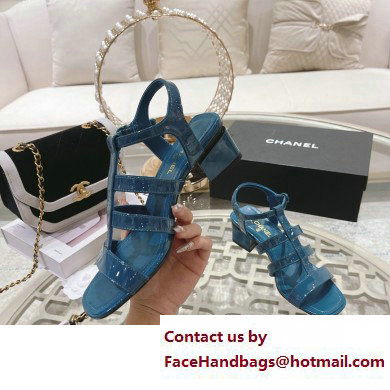 Chanel Heel Patent Leather Strap Sandals Lake Blue 2023