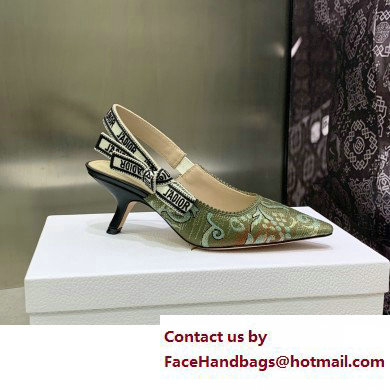 Dior Heel 6.5cm J'Adior Slingback Pumps in Green Brocart Embroidered Cotton with Gold-Tone Metallic Thread 2023