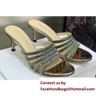 Dior Heel 7cm Gem Slides Silver in Cotton Metallic Thread Embroidery with Square Strass 2023